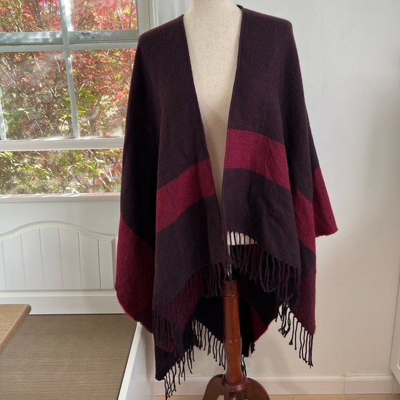 Soft Surroundings Burgundy Striped 100% Acrylic Pullover Tasseled Poncho - Picture 2 of 8